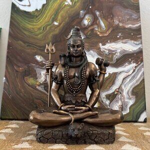 Collectable Lord Shiva Statue Padmasana Lotus Pose-Hindu God 8.75" Tall Bronze